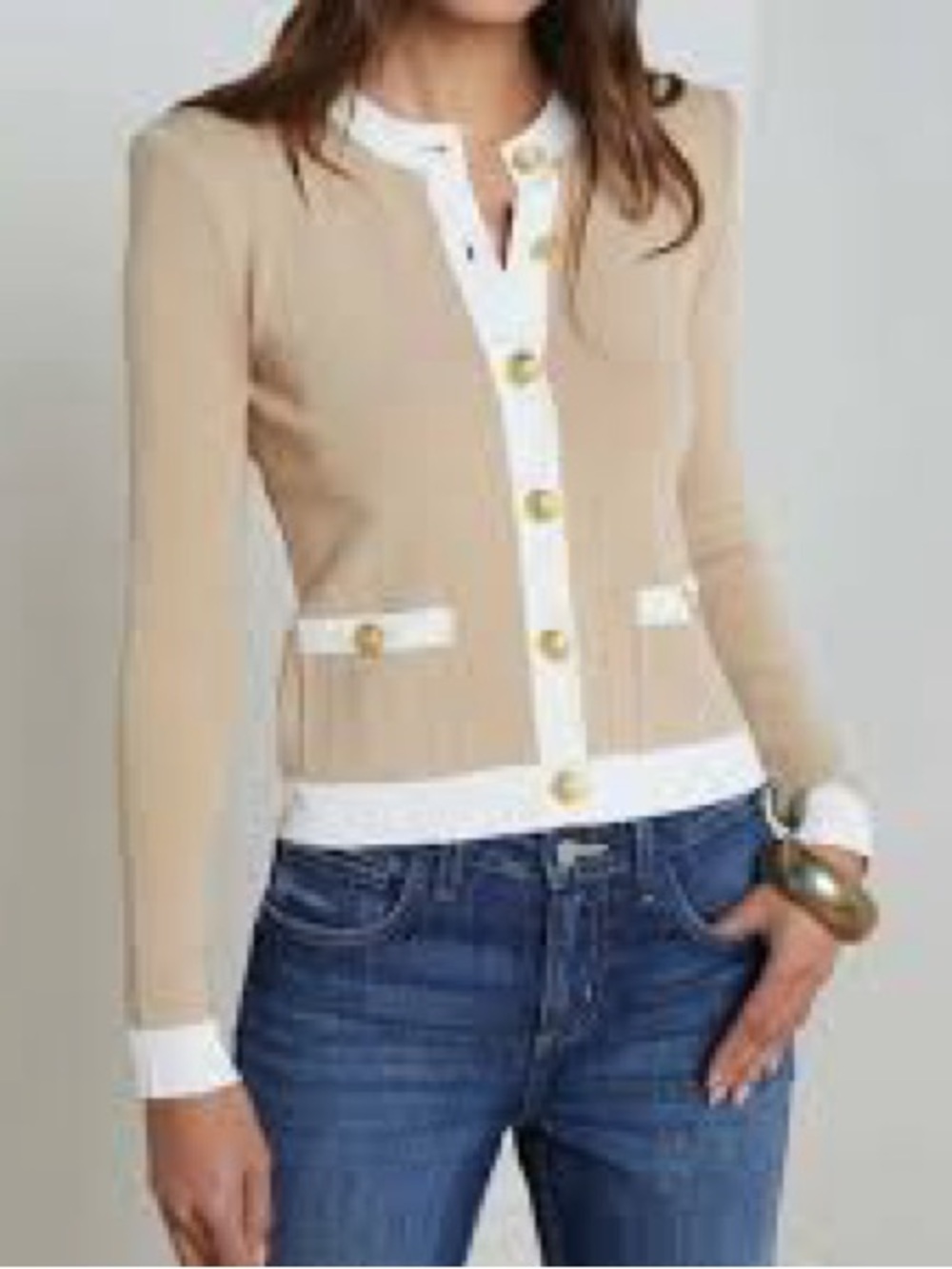 L’AGENCE Leon Women's Beige and White Button-Front Cardigan XXL